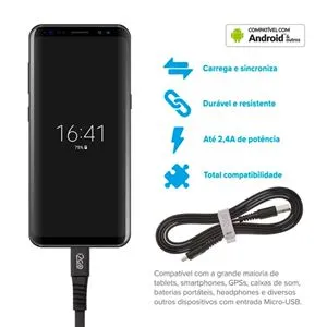Cabo Micro USB i2GO Basic 1,2m 2,4A PVC Flexível Flat Preto