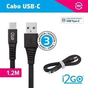 Cabo USB-C i2GO Basic 1,2m 2,4A PVC Flexível Flat Preto