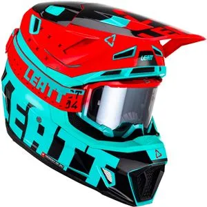 Capacete Leatt Moto 7.5 com Óculos - Azul Acqua/Preto/Vermelho
