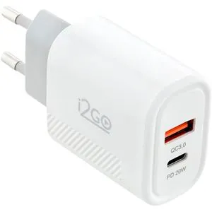 Carregador De Parede i2GO Pro Ultra Rápido Com 1 Saída USB-C 20W + 1 Saída USB-A 18W Power Delivery Branco