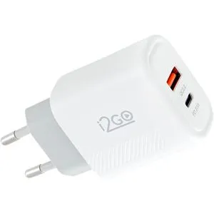 Carregador De Parede i2GO Pro Ultra Rápido Com 1 Saída USB-C 20W + 1 Saída USB-A 18W Power Delivery Branco