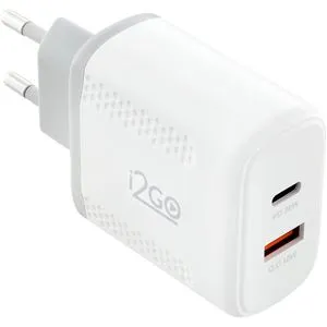 Carregador De Parede i2GO Pro Ultra Rápido Com 1 Saída USB-C 36W + 1 Saída USB-A 18W Power Delivery Branco