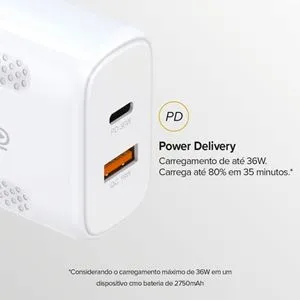Carregador De Parede i2GO Pro Ultra Rápido Com 1 Saída USB-C 36W + 1 Saída USB-A 18W Power Delivery Branco