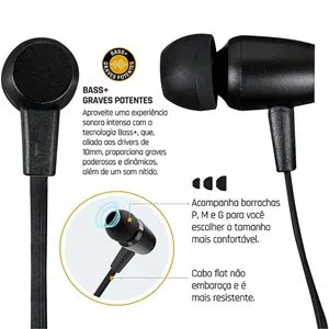 Fone De Ouvido i2GO Pro Sound Beats Intra-Auricular Com Microfone e Acabamento em Metal 1,2m 103db Preto