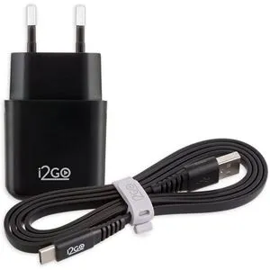 Kit i2GO Basic Carregador De Parede USB 1A + Cabo USB-C 1,2m 2,4A Preto